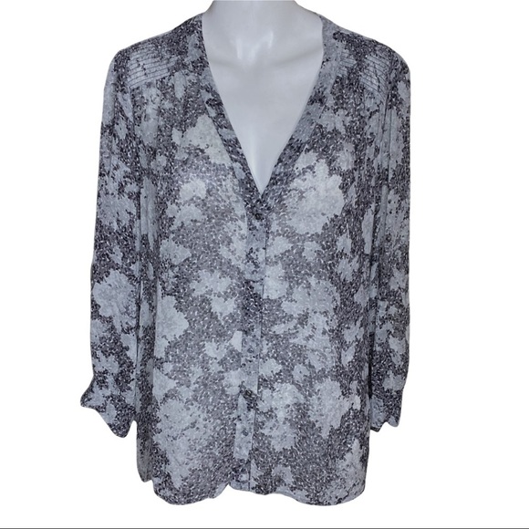 Joie Women's Size M Long Sleeve Silk Top Grey Black Print Button Down - Picture 10 of 10